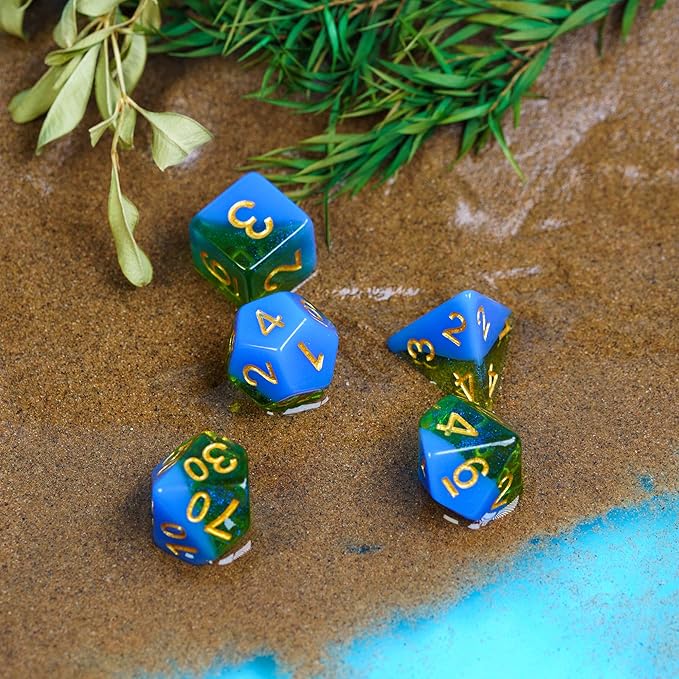 UDIXI 7PCS Glitter Polyhedral Dice Set D&D, Resin DND Dice for Dungeons and Dragons,Other Table Games （Blue and Green）