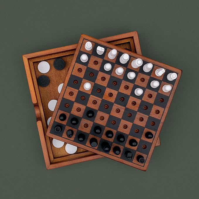 Iron & Glory Chess Board & Checkers Set | Wooden Puzzles & Games | Board Games for Family Night | Travel Games for Kids & Travel Gifts | Coffee Table Decor | Family Board Games for Games Night