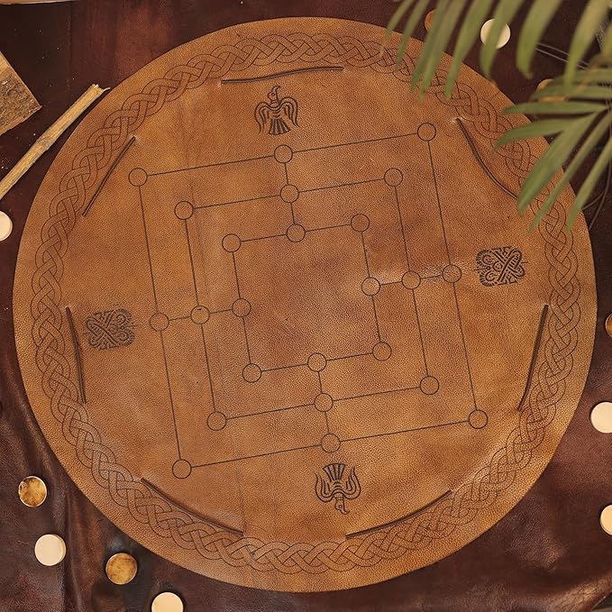 Viking 9 Men’s Morris Strategy Board Game – Leather Wrap & Bone Pieces – 2 Player Tactical Game with Rulebook – Medieval Norse Travel Game