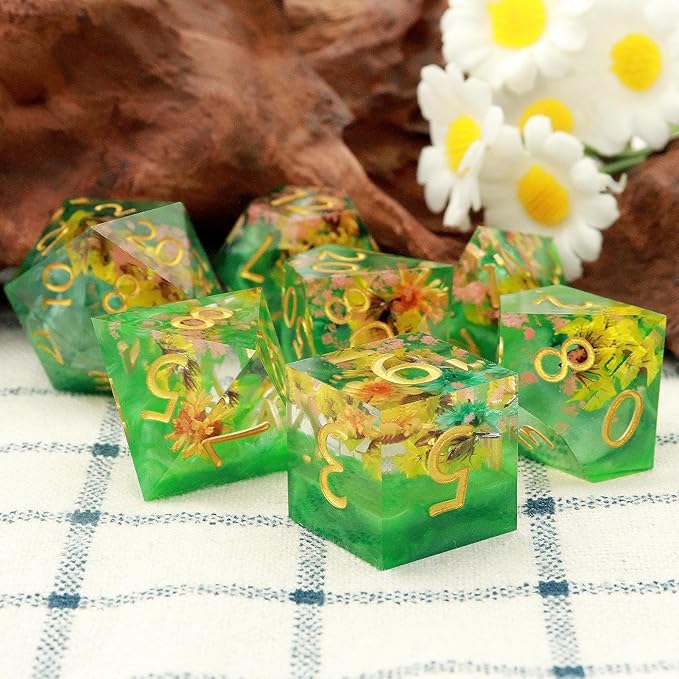 Haxtec DND Dice Set Sharp Edge Resin Dice Set with Dice Case, Flower D and D Dice, Polyhedral D&D Dice Set for Dungeons and Dragons TTRPGs DND Gift, Green