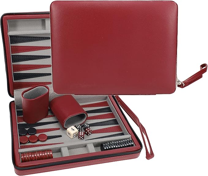 WE Games Backgammon Set, Board Games for Adults - Travel Games - Magnetic with Burgundy Leatherette Backgammon Board and Carrying Strap - Travel Backgammon Sets for Adults
