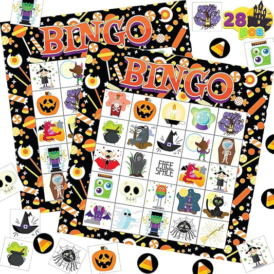 JOYIN 28 Players Halloween Bingo Cards Set, Halloween Bingo Game for School Classroom Family Group Activities, Halloween Party Supplies Adults Kids Indoor Board Games