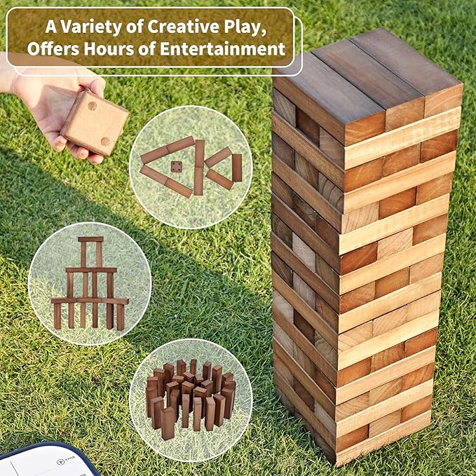 ApudArmis Giant Tumble Tower Stack to Over 5Ft, 56 PCS Pine Wooden Stacking Timber Game with 1 Dice Set - Classic Block Giant Outdoor Game (7.48 * 2.48 * 1.5In Each Block, Brown)