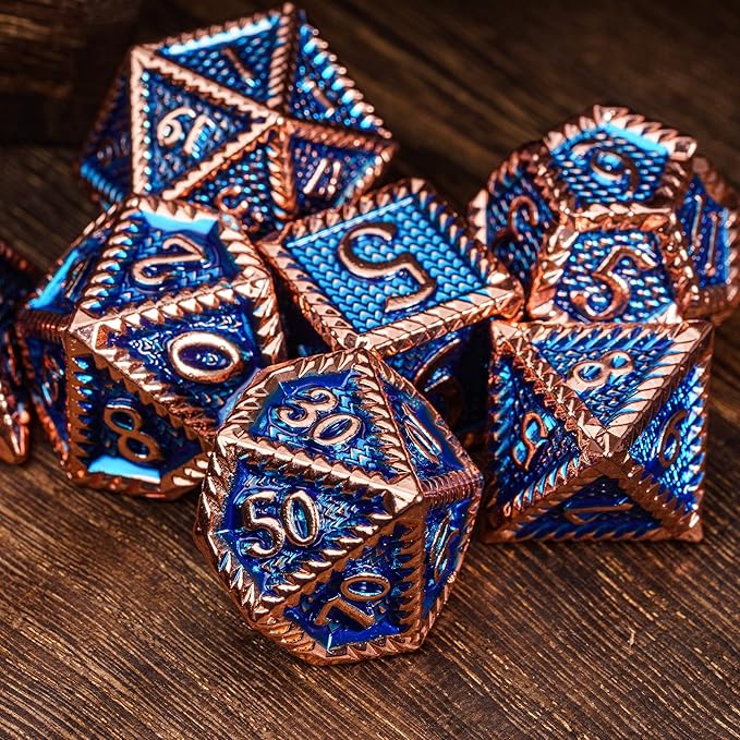 7-Die Metal DND Dice Set, Serrated Design Metal Dice Set 7 Pcs D&D Dice Set for Dungeons and Dragons Role Playing Game(RPG),Pathfinder,Table Game,Board Games(Red Copper Blue)