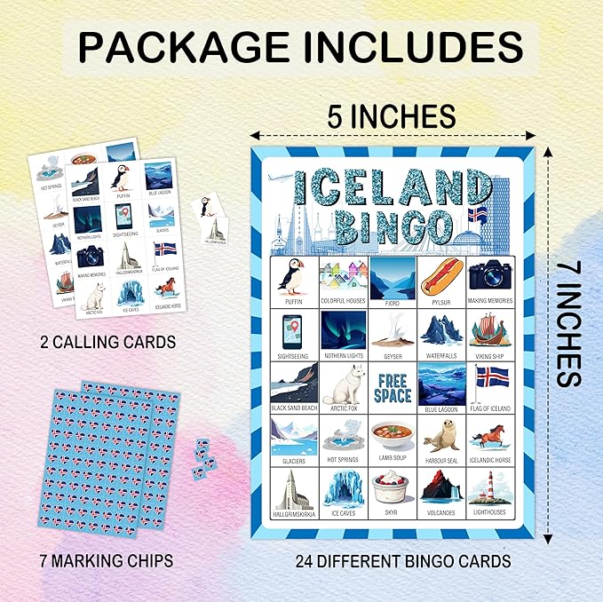 Iceland Bingo Games, Travel Trip Bingo Cards, Iceland Theme Party Game for Adults Family, Christmas Party Activities, 24 Bingo Sets, A001