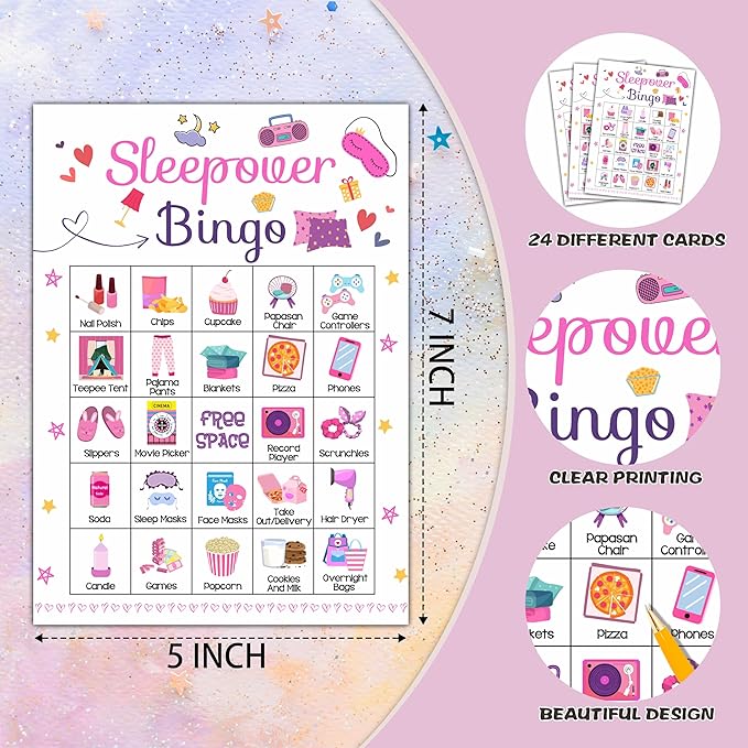 Sleepover Bingo Cards, Pajama Party Game for 24 Players, Slumber Party/Bridal Shower Games for Friends Besties, Women Birthday Party Favors Supplies Decorations(34)