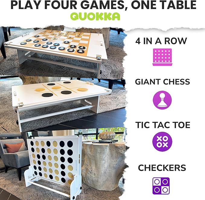QUOKKA Giant White Four in a Row Connect Game 4-in-1 SUPERSET - Wooden Jumbo Family Friends Game for Adults - Backyard Family Party - Big Chess & Checkers - Indoor Games - Wooden Tic Tac Toe