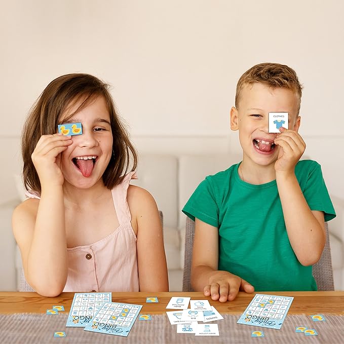 5"x7" Blue Baby Shower Bingo Cards (24 Kinds), Baby Shower Party Favors for Adult, Road Trip Activities, Travel Bingo, Family Outdoor Party Activity -004