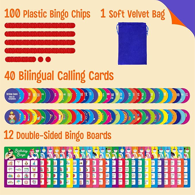 Birthday Bingo Game, 12PCS Bilingual English and Spanish Bingo Board Game, 12 Players Bingo Game Set for Teenager or Adults Birthday Party, Fun Interesting Birthday Activity Favor Decoration Supplies