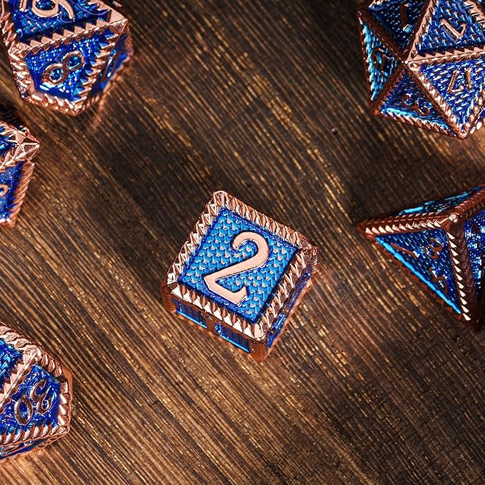 7-Die Metal DND Dice Set, Serrated Design Metal Dice Set 7 Pcs D&D Dice Set for Dungeons and Dragons Role Playing Game(RPG),Pathfinder,Table Game,Board Games(Red Copper Blue)