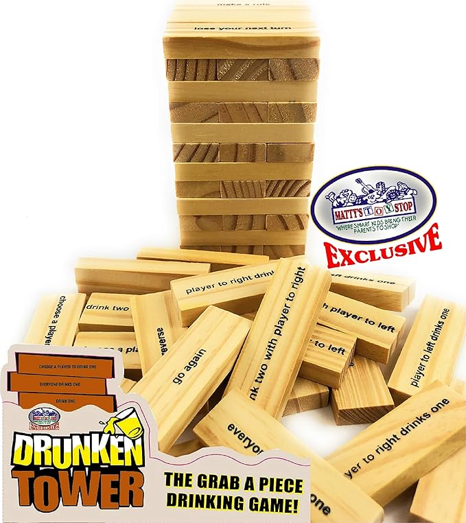 Homeware Deluxe Drunken' Tower The Grab A Piece Adult Party Game with Exclusive Matty's Toy Stop Storage Bag - Adult Party Game