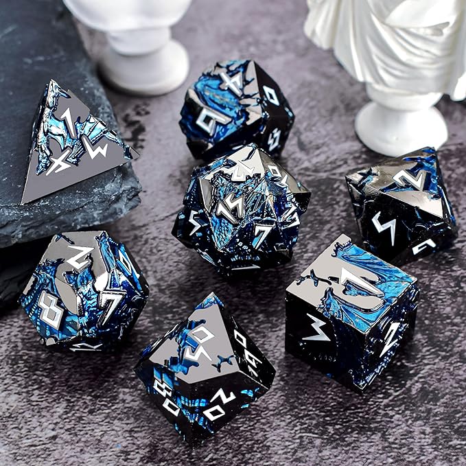Rule Cool Metallic D&D Dice - Unique Polyhedral MTG RPG Gaming Blue Dragon Theme Dice Set In Black White Gift Box