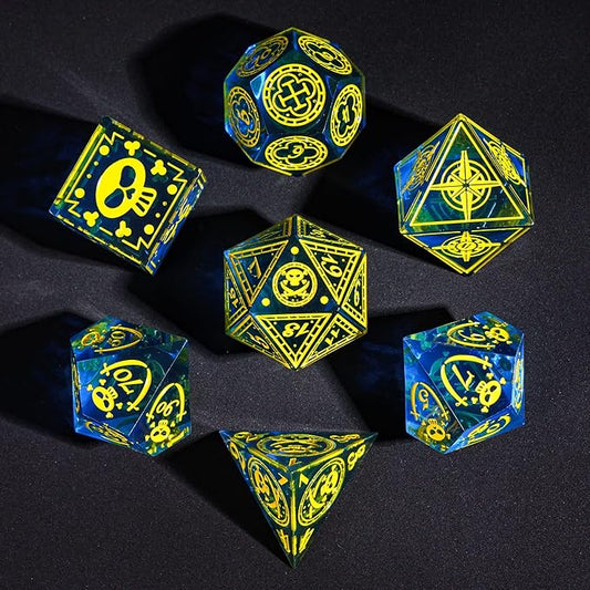 Cusdie 7-Piece Sharp Edges DND Dice Set with Pirate Design - Perfect for Tabletop RPGs Board Games Gifting and Collecting(Blue w/Yellow Pirate Pattern)