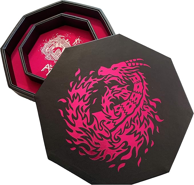 Pink Fire Dragon Dice Tray with Wizard Book Print – 9" Octagon with Dice Staging Area, Holds 5 Dice Sets – Perfect for D&D, Call of Cthulhu, Shadowrun, and All Tabletop RPGs