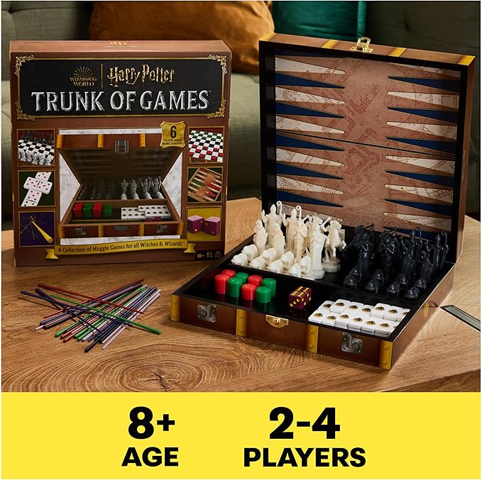 Spin Master Games, Wizarding World of Harry Potter Trunk of Games 6-in-1 Wooden Storage Box, for Muggle Fans of Harry Potter Movies, Chess Wizard, Pick-Up Wands & More, 2-4 Players, for Ages 8 & Up