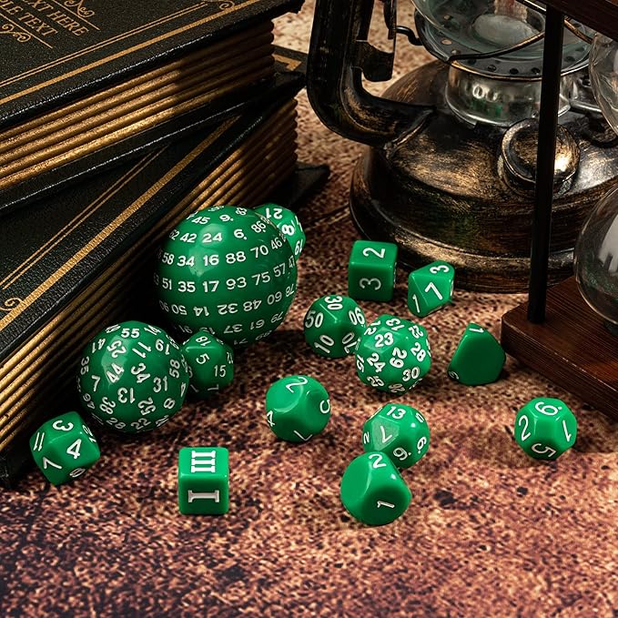 15 Pieces Complete Polyhedral DND Dice Set D3-D100 Spherical D&D Dice Set with Dragon Eye Dice Bag, D100 Dice for Dungeons and Dragons, RPG, MTG Table Games(Green w/White Numbers)