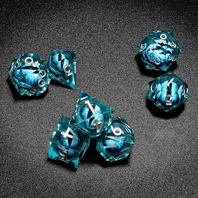 Handmade Resin Dungeons and Dragons Dice Set Dragon Eye Liquid Core Sharp Edges 7 PCS with Gift Box for TTRPG for D&D Fans (Blue-White)