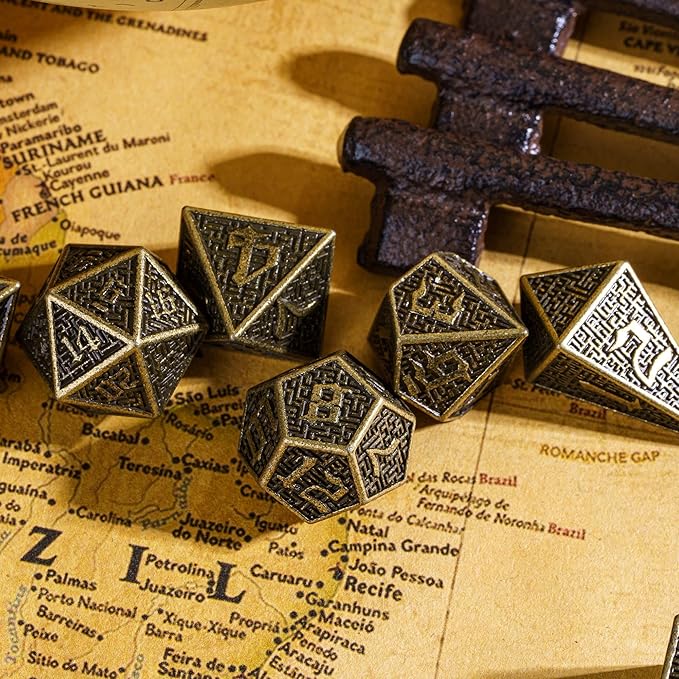 UDIXI Metal Dice Maze Carved DND Dice Set D&D 7PCS Bronze Role Playing Dice with Leather Pouch for Dungeons and Dragons Tabletop Dice Games