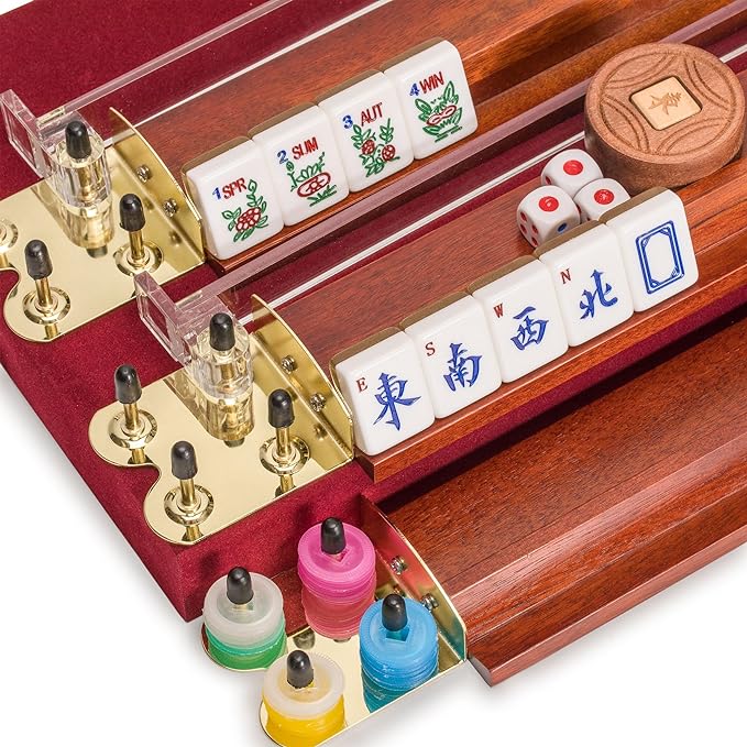 Yellow Mountain Imports American Mahjong Set, Golden Fortune with 166 Acrylic Mahjong Tiles, Inlaid Wooden Case, Racks and Other Accessories