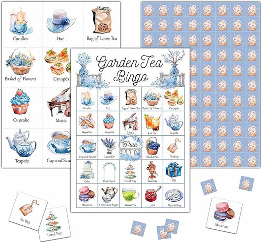 Garden Tea Bingo Game - Tea Party Bingo Card - 24 Players Bingo Game Set Indoor Outdoor Activities - Tea Party, Bridal Shower, Birthday Party Favors Supplies -A05