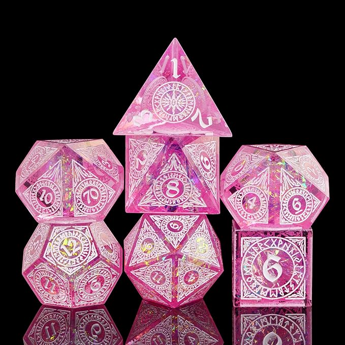 Cusdie 7-Piece Polyhedral DND Dice Set with Sharp Edges, Handcrafted Dice Featuring Rune-Inspired Designs for Role Playing Games Pathfinder (Pink)