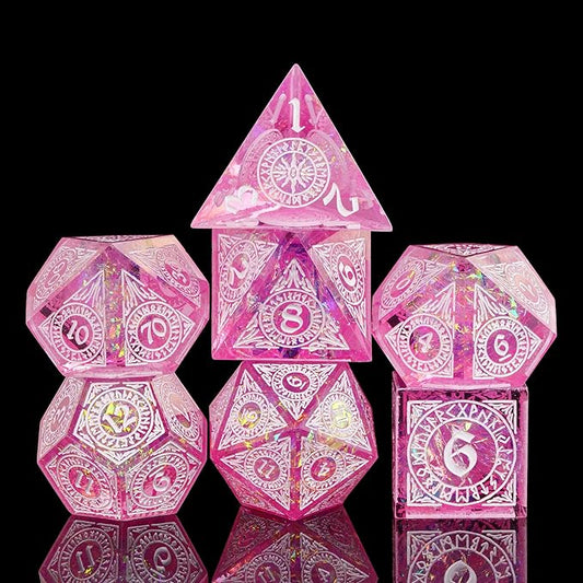 Cusdie 7-Piece Polyhedral DND Dice Set with Sharp Edges, Handcrafted Dice Featuring Rune-Inspired Designs for Role Playing Games Pathfinder (Pink)