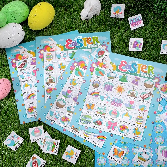 JOYIN 28 Players Easter Bingo Card (5x5) with Blue Color for Kids, Boys, Girls and Adults, Easter Games, School Classroom Activities and Easter Basket Stuffers