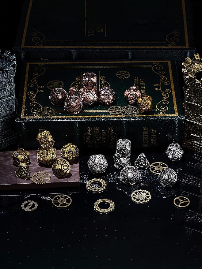 Metal Dice Set D&D, 7-Die DND Dice Metal Gear Dice with Gift Bag for DND Dungeons and Dragons Role Playing Games(Antique Gold)