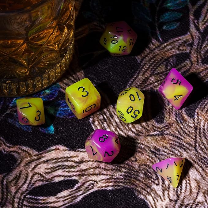 Glow in The Dark DND Dice, 7Pcs Luminous Polyhedral Dice Set with Leather Dice Bag, Glowing D&D Dice for Dungeons and Dragons, RPG, MTG Table Games(Purple Yellow)