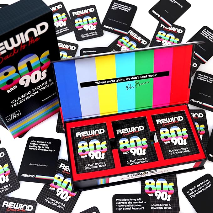 Mojo Games, Rewind - Back to The 80's and 90's Movie and TV Trivia - Nostalgic Pop Culture Card Game for Family and Friends Game Night (Movie & TV Trivia)