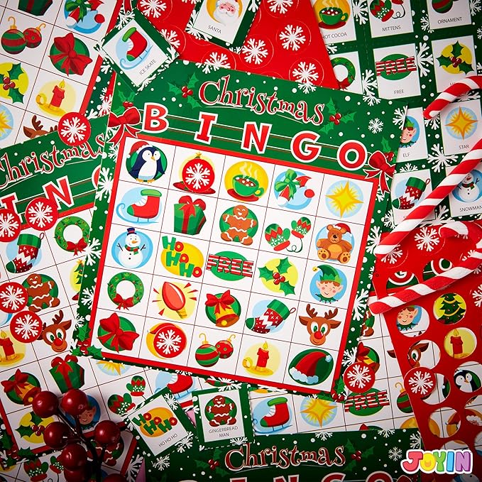 JOYIN 28 Players Christmas Bingo Cards (5x5) for Kids Xmas Party Supplies Goodies Games, Kids School Classroom Goody Gift Filler Stuffers, Indoor Family Activities (Christmas)