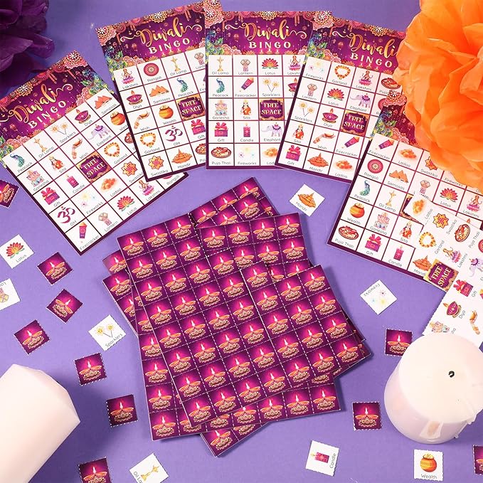 Liliful 35 Pieces Diwali Bingo Games 24 Players Diwali Bingo Cards Deepavali Party Favors Games for Family Gathering Classroom Activities Hindu Indian New Year Party Supplies