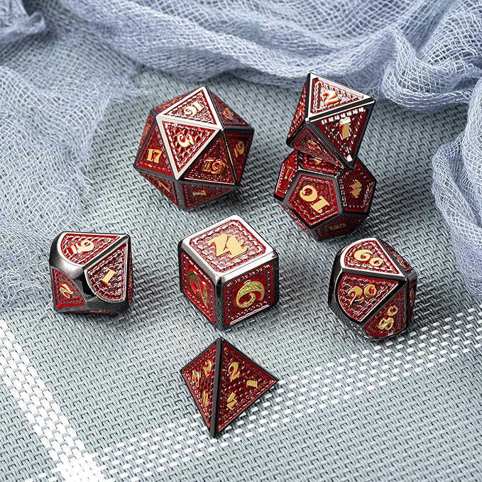 DNDND Metal Dungeons and Dragons Dice Set, 7 PCS Dragon Scale Metallic D&D Die with Gift Metal Tin for DND Game (Red with Black Edge)