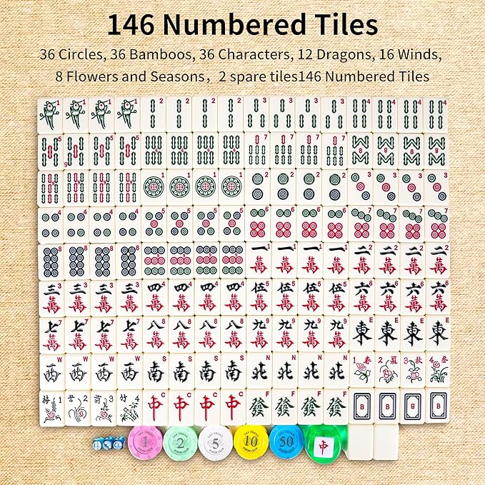 Chinese Mahjong Set, 146 Numbered Melamine 1.6" (40 mm), Large Size Complete Mah jongg Set with Carrying Travel Case (Lvory Yellow)