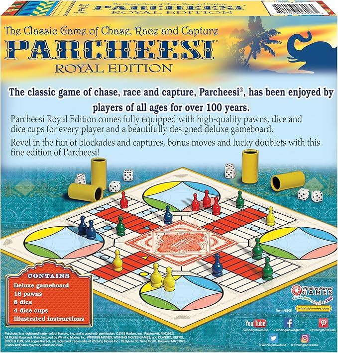 Parcheesi Royal Edition by Winning Moves Games USA, classic family favorite featuring charming artwork, tokens and dice cups for 2-4 players, Ages 8+ (6106)