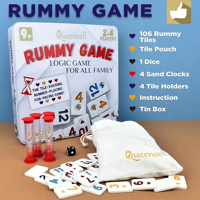 Queensell Rummy Cube Game Classic with Metal Case, Timers and Holders, Classic Rummy Game for Kids and Adults