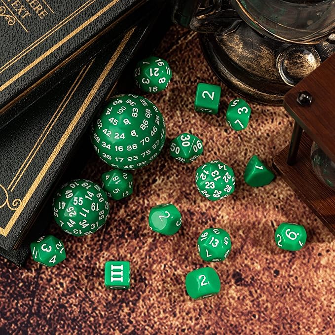 15 Pieces Complete Polyhedral DND Dice Set D3-D100 Spherical D&D Dice Set with Dragon Eye Dice Bag, D100 Dice for Dungeons and Dragons, RPG, MTG Table Games(Green w/White Numbers)