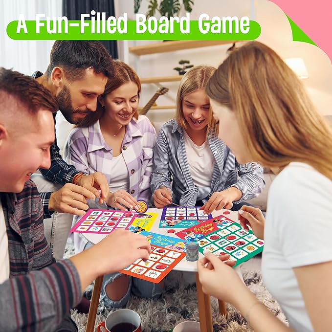 Birthday Bingo Game, 12PCS Bilingual English and Spanish Bingo Board Game, 12 Players Bingo Game Set for Teenager or Adults Birthday Party, Fun Interesting Birthday Activity Favor Decoration Supplies