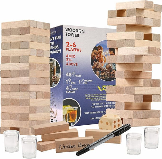 BETTERLINE Wooden Tower Stacking Blocks Drinking Game - 48 Pieces - Tumbling Tower for Adults - Friends Party Game, Bachelor Party, Bachelorette Party (48 Pieces)