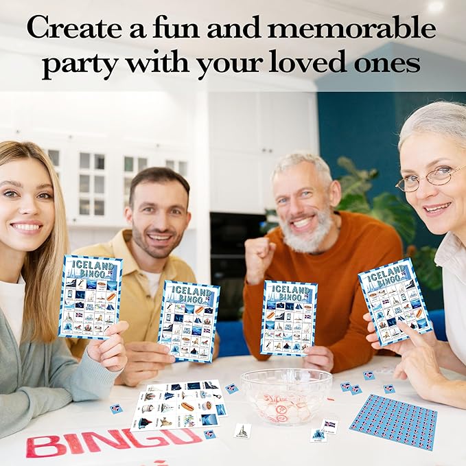 Iceland Bingo Games, Travel Trip Bingo Cards, Iceland Theme Party Game for Adults Family, Christmas Party Activities, 24 Bingo Sets, A001