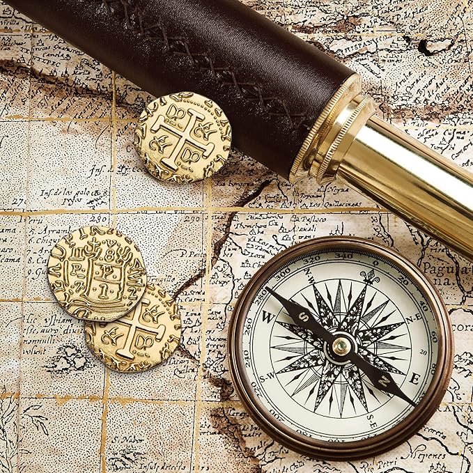 Large Metal Pirate Coins – 35 Gold Treasure Coin Set, Metal Replica Spanish Doubloons for Board Games, Tokens, Toys, Cosplay – Realistic Money Imitation for Treasure Chest - Size 1.18"