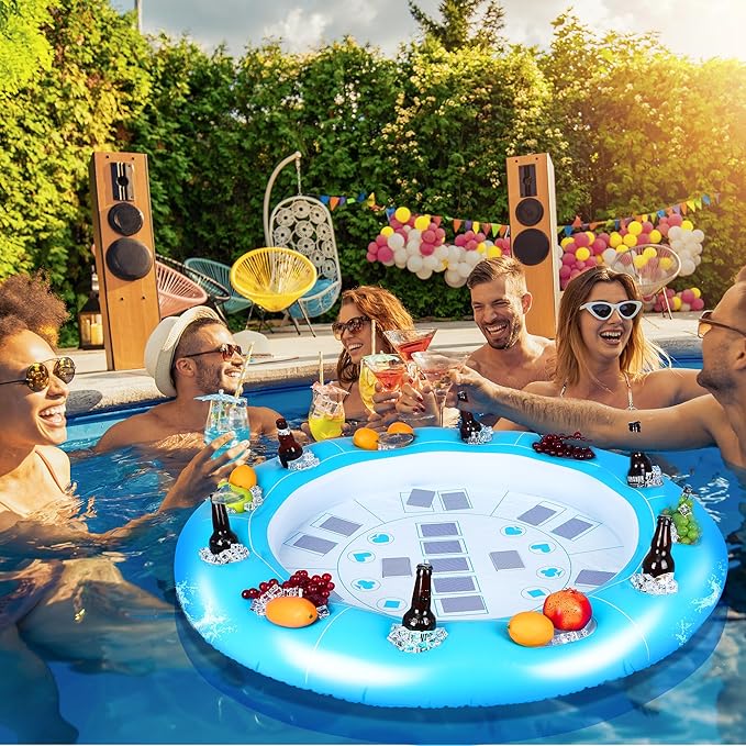 Large Floating Card Table for Pool,Floating Pool Games Table with Waterproof Playing Cards,Inflatable 4 to 6 People Cards Game Container,Pool Accessories Inflatable Fruit Holder Cooler Tray for Summer