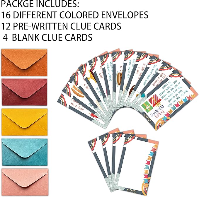 Happy Birthday Treasure Hunt Clues Game Cards, Birthday Party Scavenger Hunt Card Game(16 Cards with Colourful Envelopes), Indoor Outdoor Party Game Supply for Adults Family Teacher Student(A05)