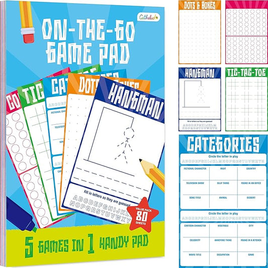 Road Trip Game Pad, 80 Perforated Sheets Travel Activity Pad, 5 Games in 1 Pad, Plane, Car Trip Activity, Pen Pencil & Paper Game for Kids, Adults (6” x 9”)