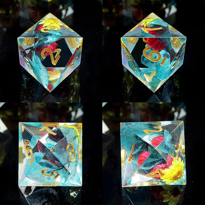 Haxtec Flower Sharp Edge Dice Resin DND Dice Set 7PCS Yellow Blue Red Polyhedral D&D Dice for Role Playing Dice Games as Dungeons and Dragons
