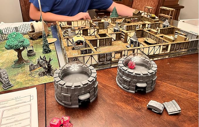 MunnyGrubbers Castle Dice Popper V2 - Jail For Board & TTRPG Games - Black, Random 7PCS D20 Dice Set Included, Tower, Holder