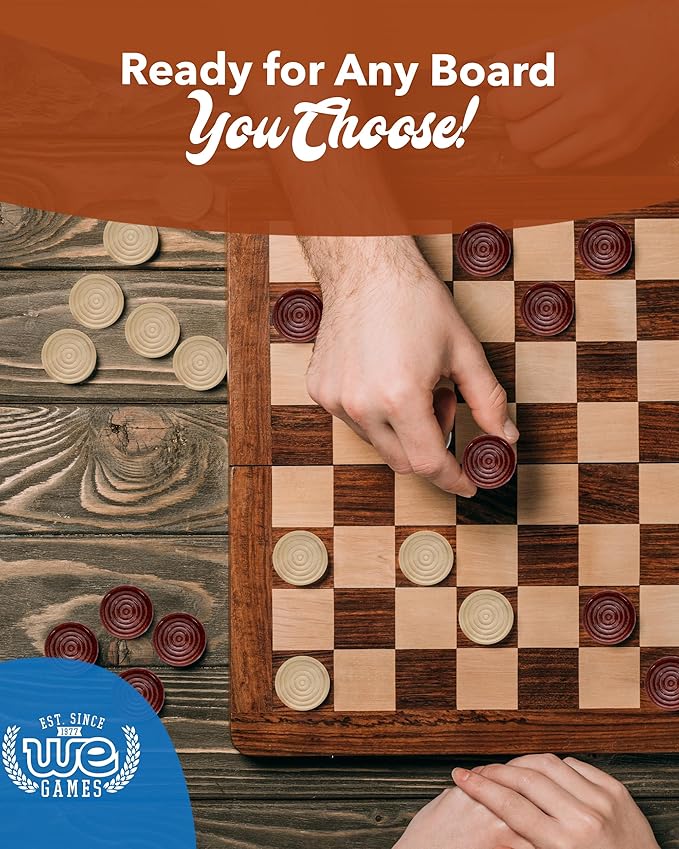 WE Games Wooden Checkers Pieces Only (1.5 inch), Checker Board Game & Backgammon Pieces, 24 Brown and Natural Stained Stackable Ridges with a Drawstring Storage Bag, Replacement Game Piece