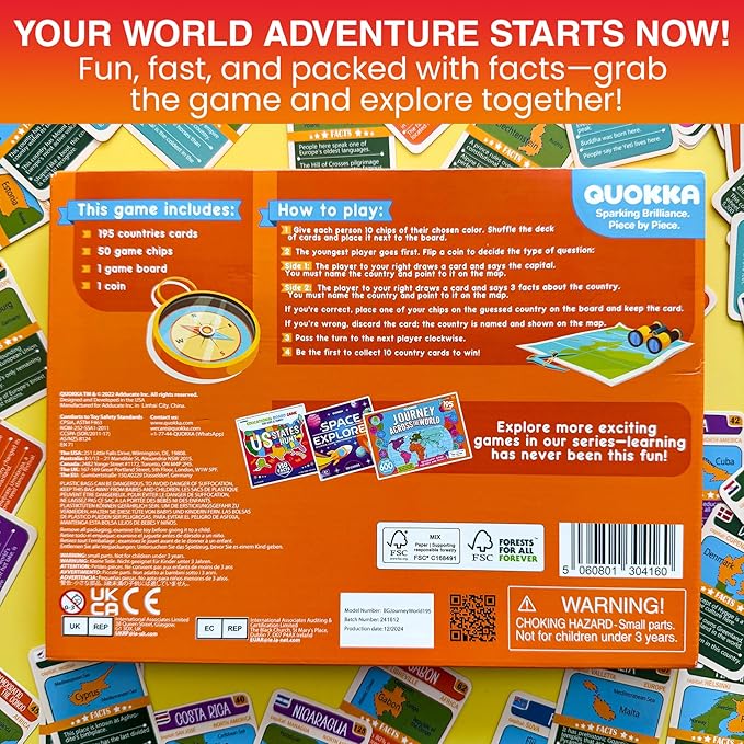 QUOKKA World Map Geography Game for Kids Ages 8-12 and Families – Learn Capitals, Flags, Facts, and Map Locations with 195 Country Cards, Chips, Board & Coin – Fun World Learning Game