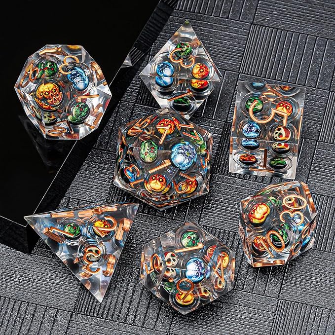 DND Resin Dice Skulls Dice Set 22-32mm Large Sharp Edged Dice with Box, Dungeons and Dragons Polyhedral D&D Role Playing Board Game D&D Dice Set D20 D12 D10 D8 D6 D4(Colorful Skulls)