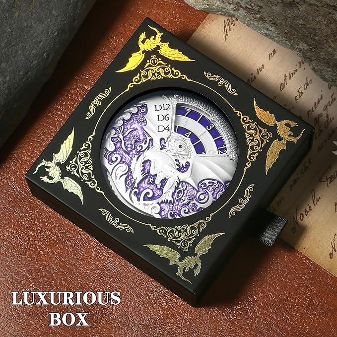 DNDND Dungeons and Dragons Roulette Spinner Dice 7-in-1 Spinner Metal D&D Dice Set with Gorgeous Gift Box for Dungeons and Dragon and Tabletop Game (Silver with Purple)